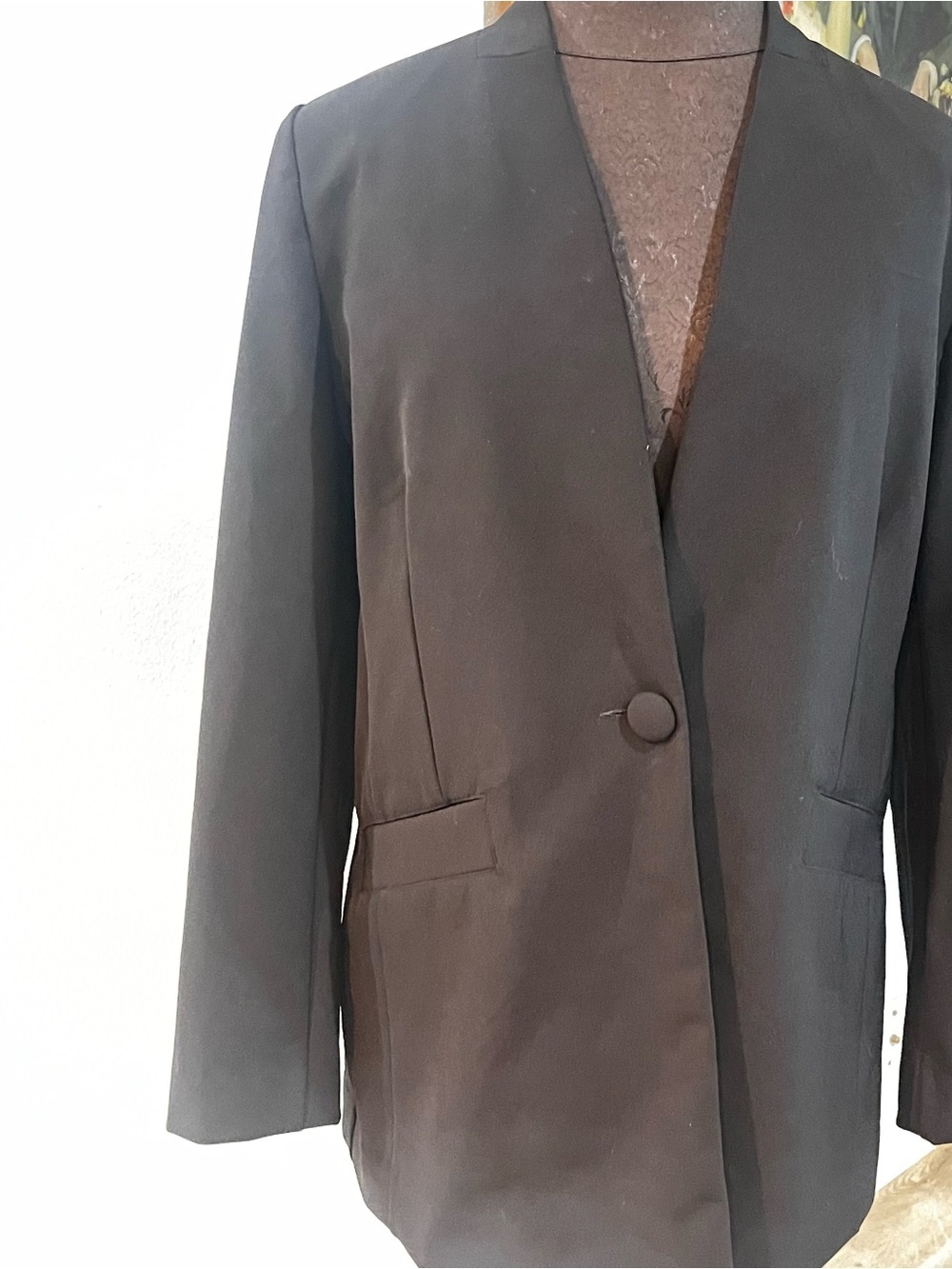 Cabi Black One Button Collarless Minimalist Long Line Fitted Blazer Size 8